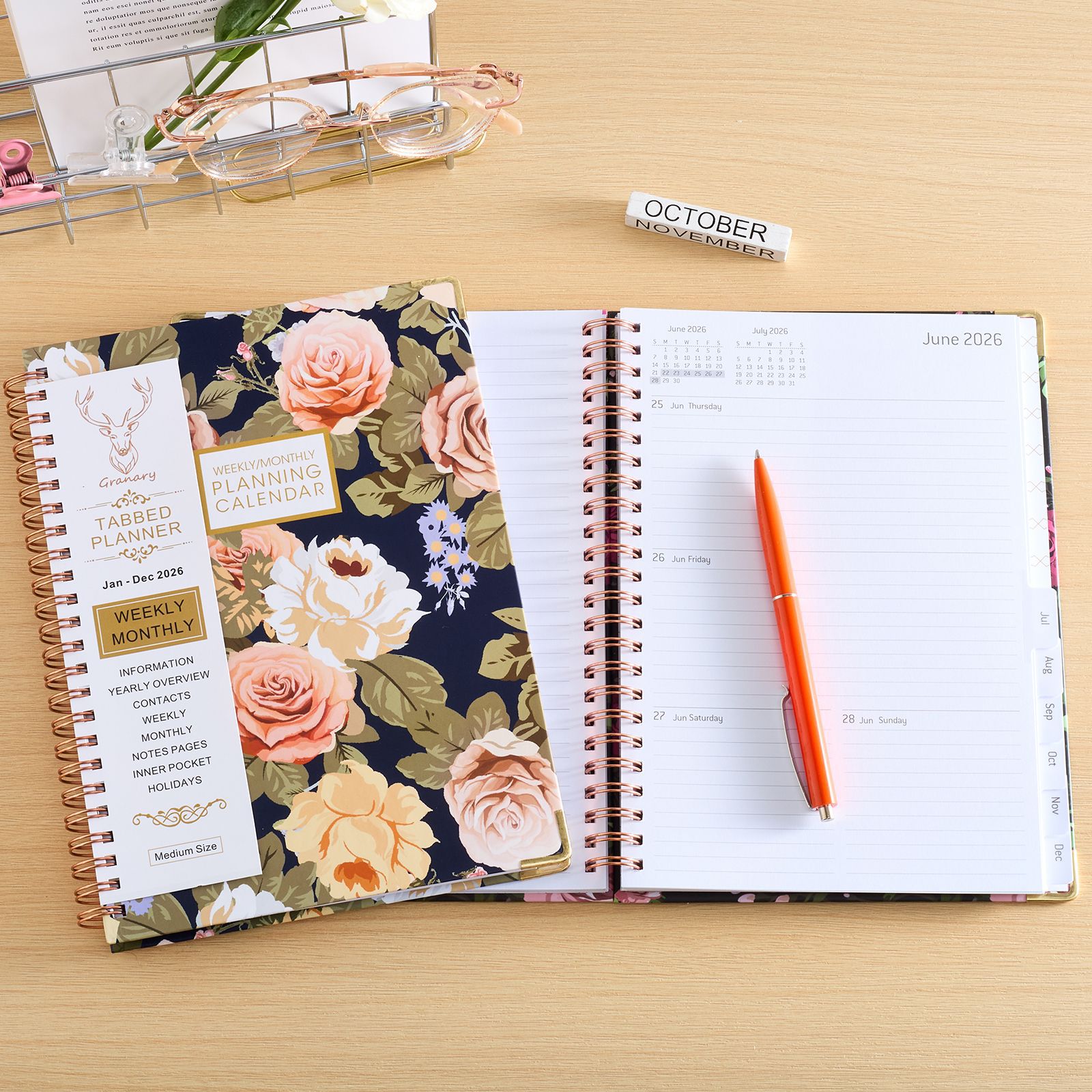 Agenda 2026 de Amazon para Comercio Transfronterizo, Formato A5, Índice de Páginas con Giro Lateral, Calendario Semanal en Inglés, Cuaderno Espiral