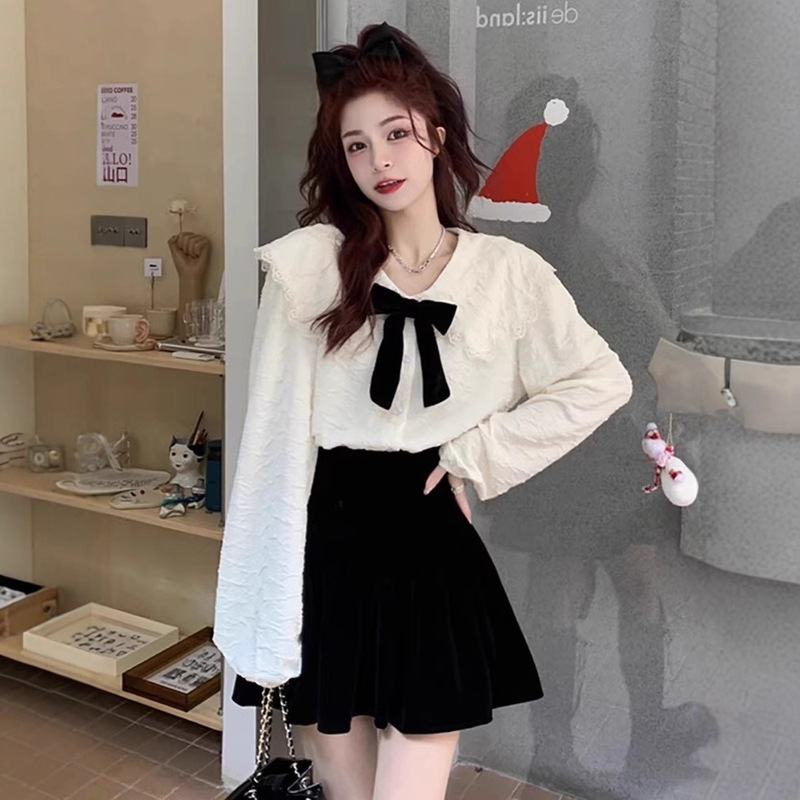 Doll Collar Shirt for Women 2025 Spring and Autum Large Size Fat mm Design Bow Outer Wear Foreign Style Long-Sleeved Shirt Doll Collar Shirt for Women 2025 Spring and Autum Large Size Fat mm Design Bow Outer Wear Foreign Style Long-Sleeved Shirt