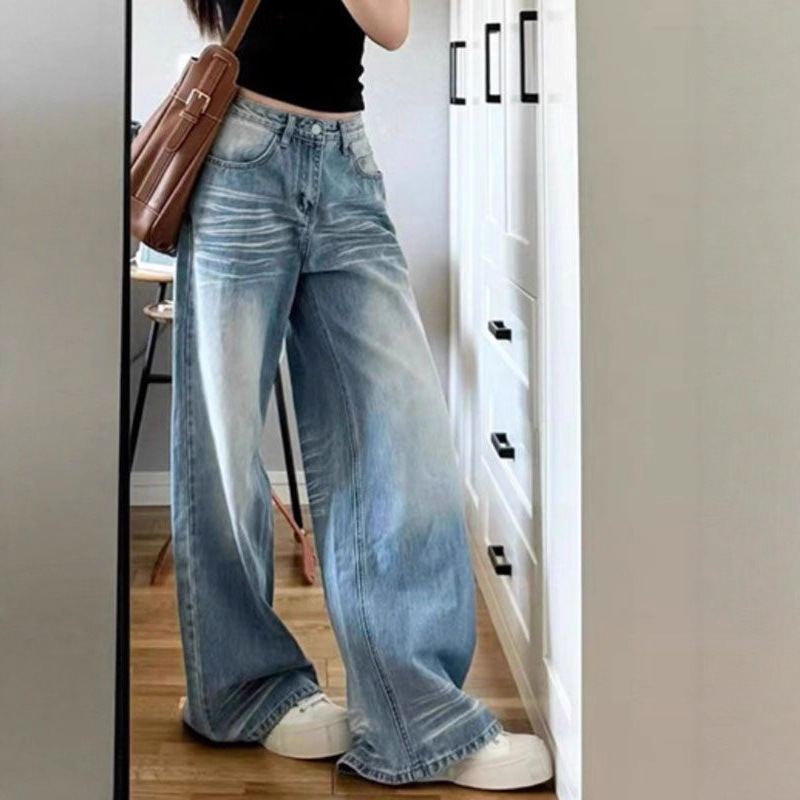 Light Blue Jeans Washed Retro Straight Pants Women's Autumn Design Wide-Leg Pants Long Pants Loose Floor-Length Pants Trendy