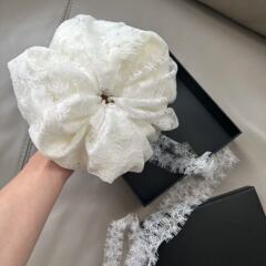 リボン付き大きなヘアリング、白いレースの太いヘアリング、高級フレンチバレエスタイル、韓国風ボールヘッドロングリボン、トレンディ
