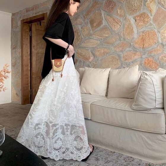 White Lace Skirt Women's Spring 2025 New Mid-length A- line Skirt High Waist Slimming Large Swing Skirt Umbrella Skirt