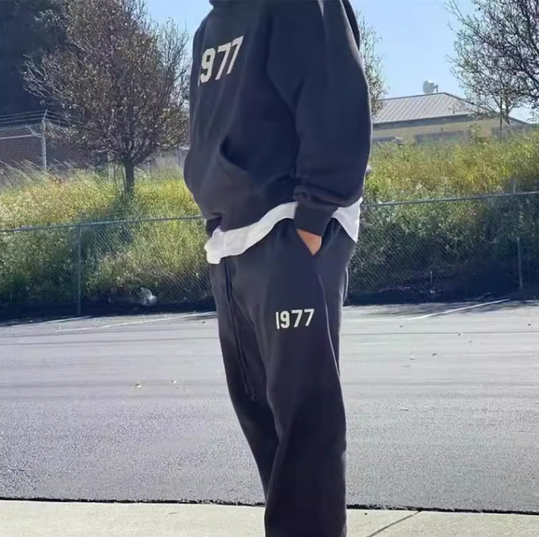 Fog Straight-Leg Pants Flocked 1977 High Street Trendy Brand Sweatpants Fleece-Lined Autumn and Winter Couple Fleece-Lined Casual Sports Pants for Men