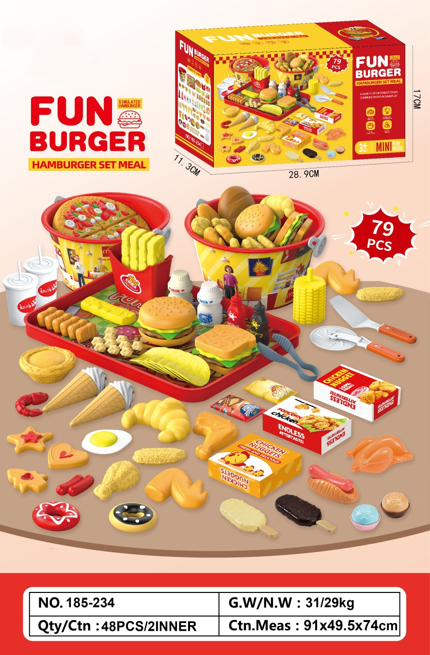 Simulación transfronteriza de papas fritas, hamburguesas fritas, alas de pollo fritas, paquete familiar de barril, juguetes de canasta de picnic familiar