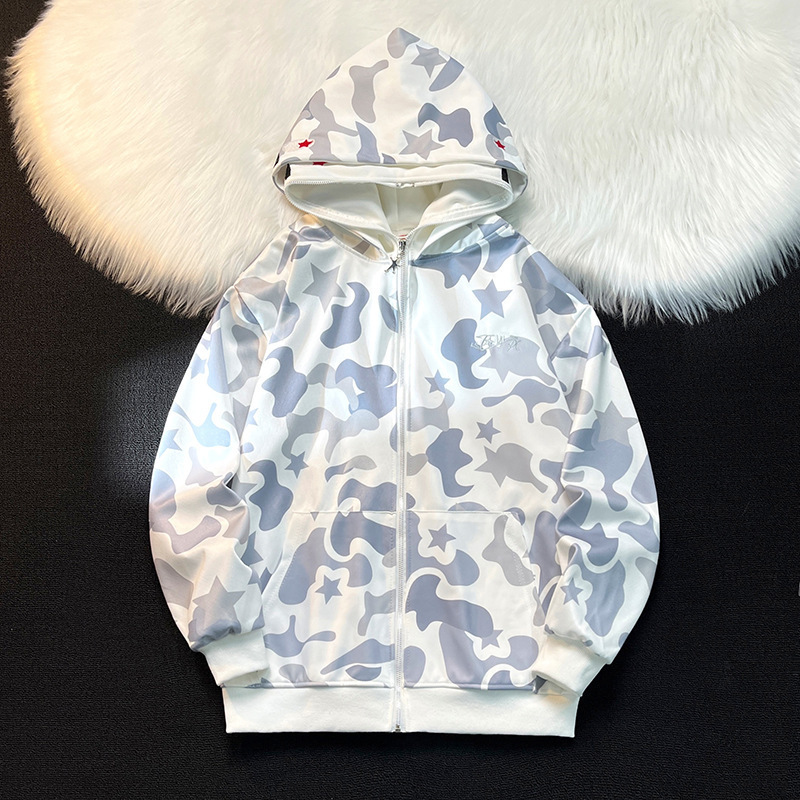 Japanese-Style National Trend Brand Design Shark Head Towel Embroidered Sweatshirt Unisex Full Print Double Hood Casual Cardigan Jacket Coat