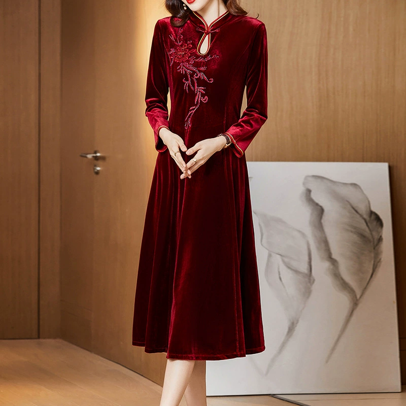Velvet cheongsam dress, demi‑season burgundy, embroidered, long sleeves, elegant evening wear