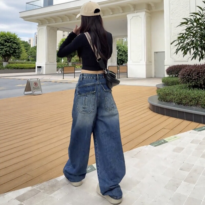 大码弯刀阔腿牛仔裤女秋冬2025新款梨型身材胖mm显瘦宽松直筒裤子|undefined