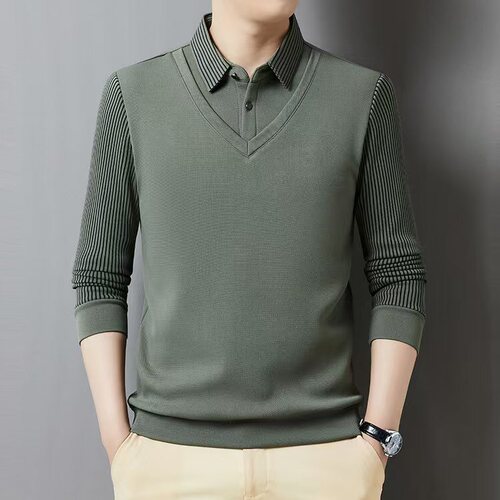 Spring and autumn long-sleeved t-shirt, men's business casual, middle-aged, father's shirt collar, fake two-piece men's striped Polo shirt