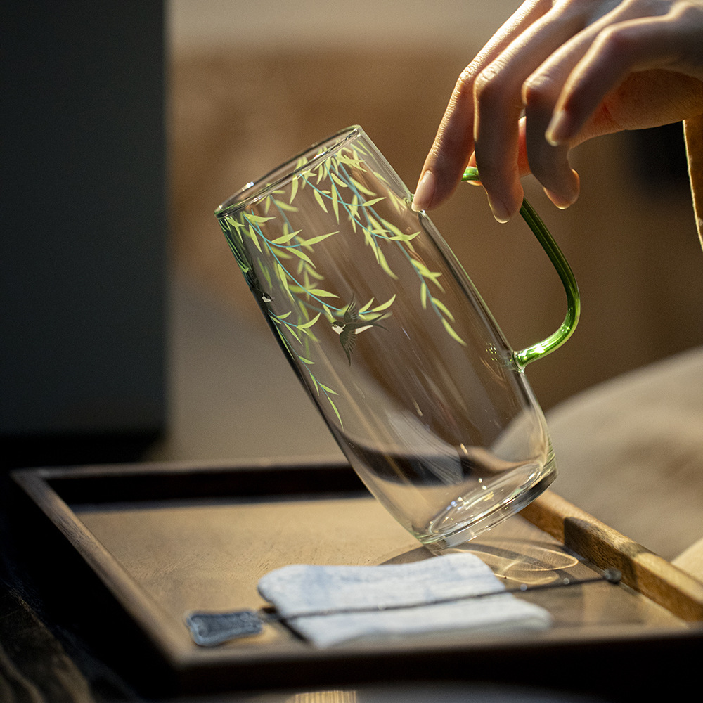 高硼硅玻璃茶杯带盖子办公室手把水杯高颜值花茶杯子不烫手