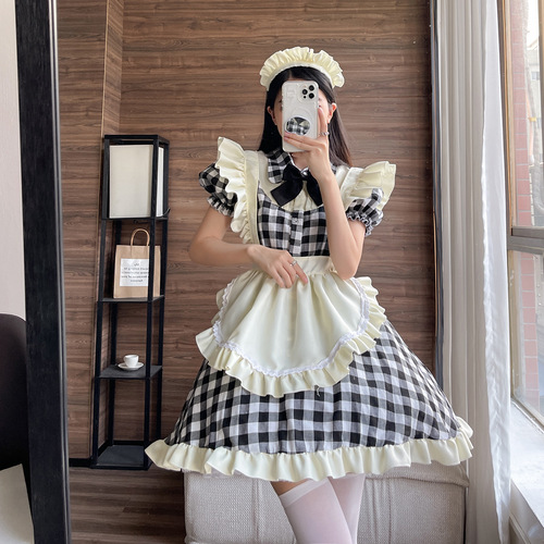 Japanese cute style lolita maid outfit sexy cosplay maid uniform dress black and red plaid plus size