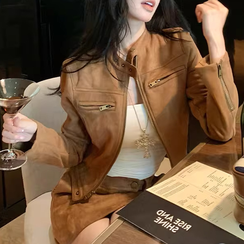 miu系大小姐棕色麂皮绒机车夹克复古美拉德风立领外套半裙套装 潮|undefined