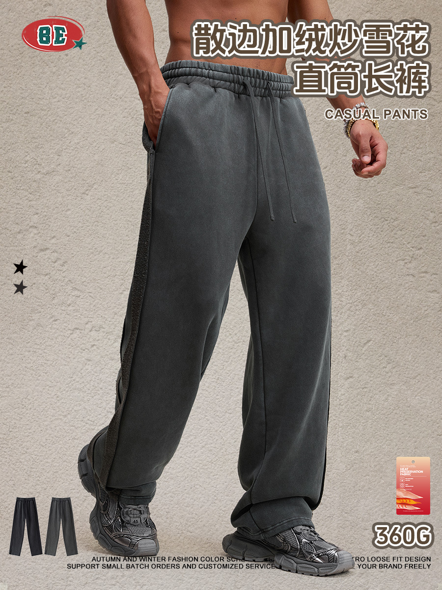 BE Pantalones deportivos informales holgados de pierna recta con forro polar y borde deshilachado para hombre, marca europea y americana de moda, estilo urbano, con diseño de copo de nieve, 2025