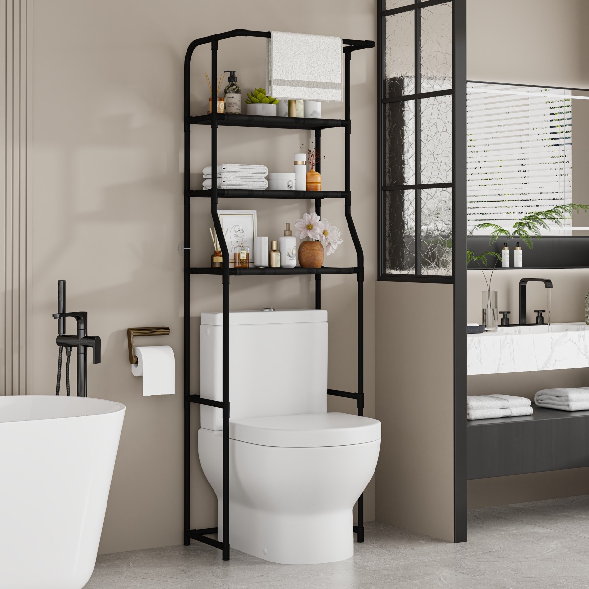 Bathroom Toilet Toilet Storage Rack Balcony Washing Machine Storage Rack Metal Multi-Layer Storage Rack with Roll Paper Towel Holder