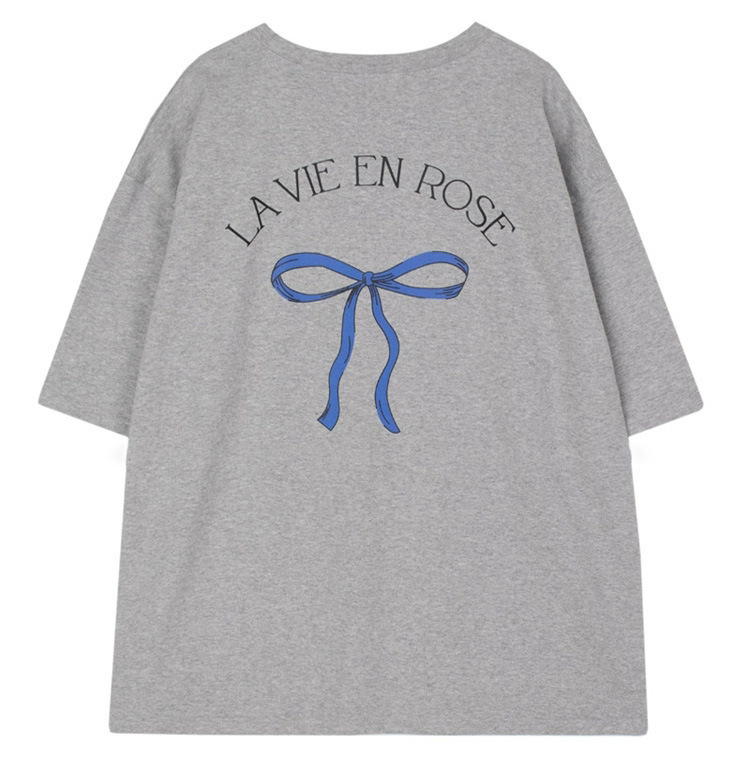 スポット韓国東大門夏のゆるい上着の女性ins風シンプルな綿の蝶結びプリント半袖tシャツの女性|undefined