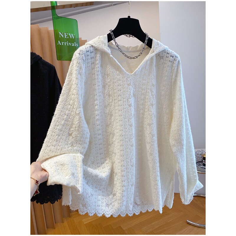 [Fat Girl] Early Autumn New Style Jacquard Cut Out Lace Long-Sleeved T-Shirt Women's Loose Hooded Casual Top