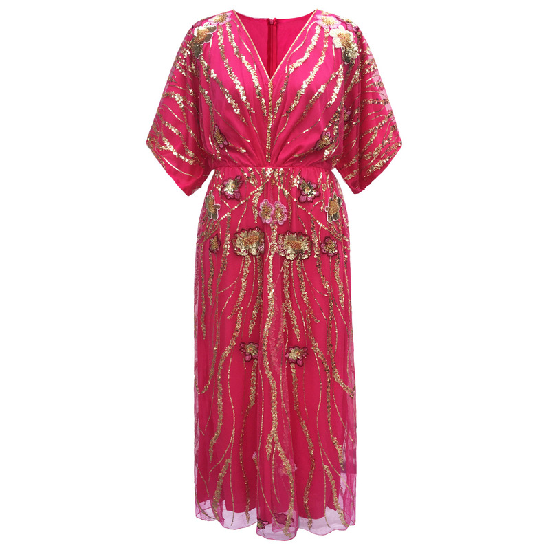 Cross-Border European and American Ethnic Style Elegant V-Neck Floral Dress Gown with Sequins and Beading Long Gown