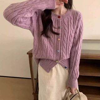 彩虹扣毛衣外套女韩版甜美学院风外搭秋冬季宽松软糯女式针织开衫