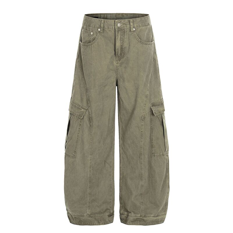 Z046 American Retro Unisex High-End Washed Vintage Multi-Pocket Design Loose Men's Scimitar Cargo Casual Pants