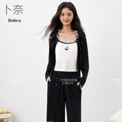 秋季原创简约休闲感波点烫印家居服睡衣女士带胸垫可外穿三件套