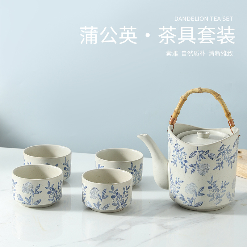 国潮青花茶具套装手绘新中式提梁壶大容量复古客厅待客喝水杯茶杯
