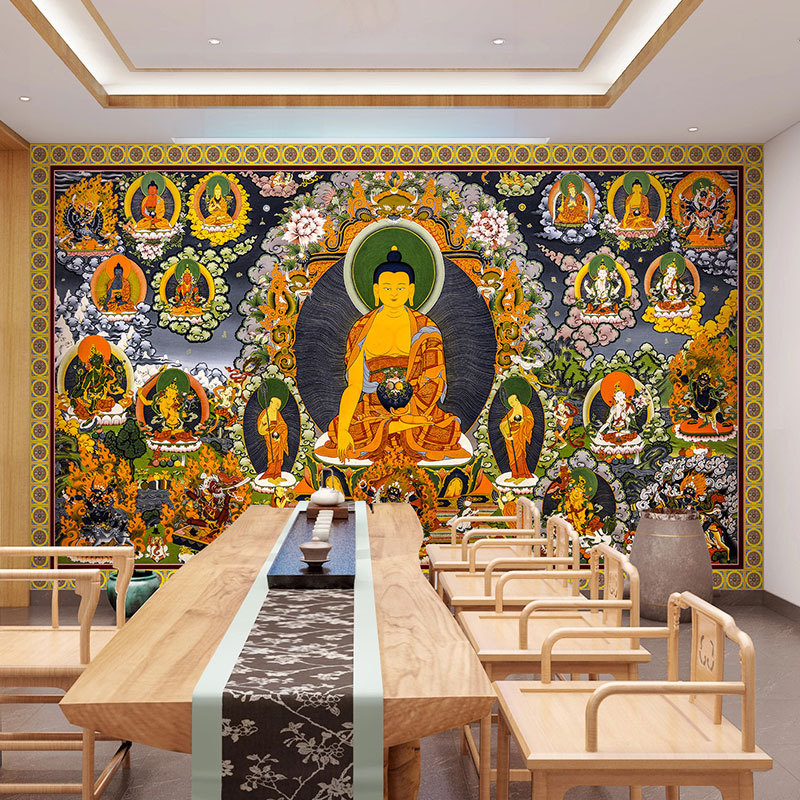 藏传唐卡壁画佛堂背景墙壁纸释迦牟尼佛十相壁布寺庙佛堂客厅墙布|undefined