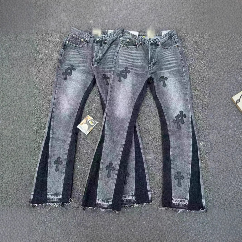CH Trendy Brand New Vintage Leather Cross Label Denim Flared Pants Washed Old Stitching Jeans High Street Pants