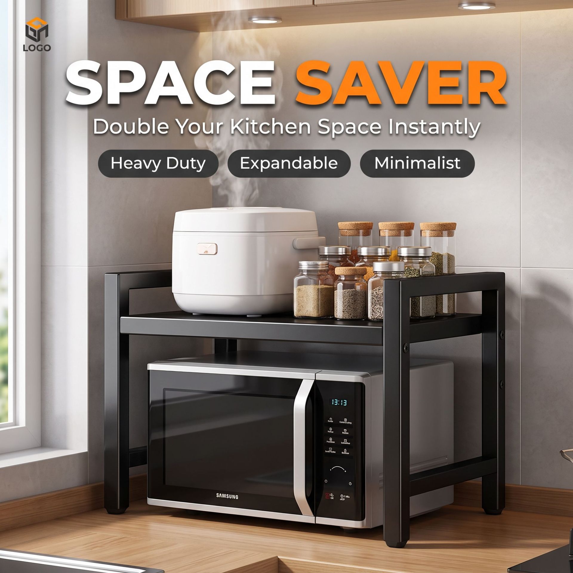 Kitchen storage rack, extendable microwave oven shelf, double-layer oven rack, countertop kitchen utensil multifunctional storage shelf