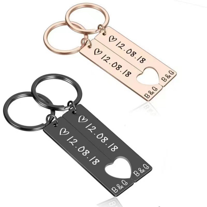 Keychain Classification Hot Selling Stainless Steel Strip Heart-Matching Personality Simple Couple Keychain Engraved Date Factory In Stock Wholesale