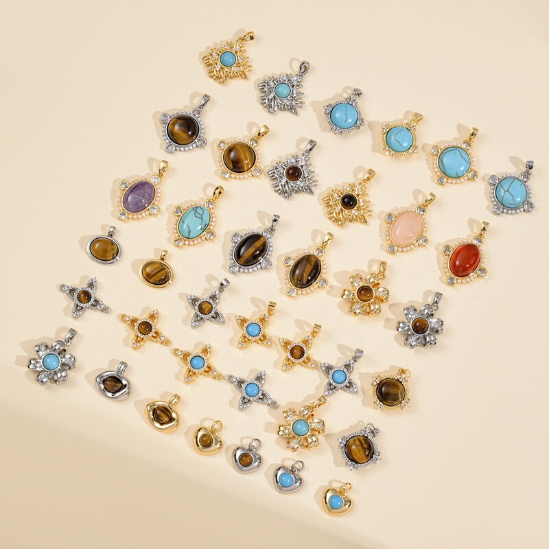 Tiger's Eye Stone, Turquoise, Agate, Geometric Pearls, Four-Leaf Clover, Heart Pendant, DIY Necklace, Bracelet, Earrings, Jewelry Materials Tiger's Eye Stone, Turquoise, Agate, Geometric Pearls, Four-Leaf Clover, Heart Pendant, DIY Necklace, Bracelet, Earrings, Jewelry Materials