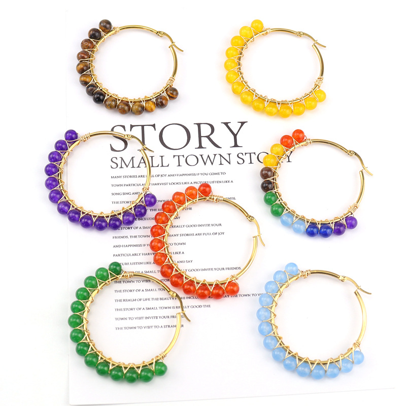 Daily Occasion 1 Pair Retro Simple Style Round Beaded Plating Natural Stone Copper Hoop Earrings