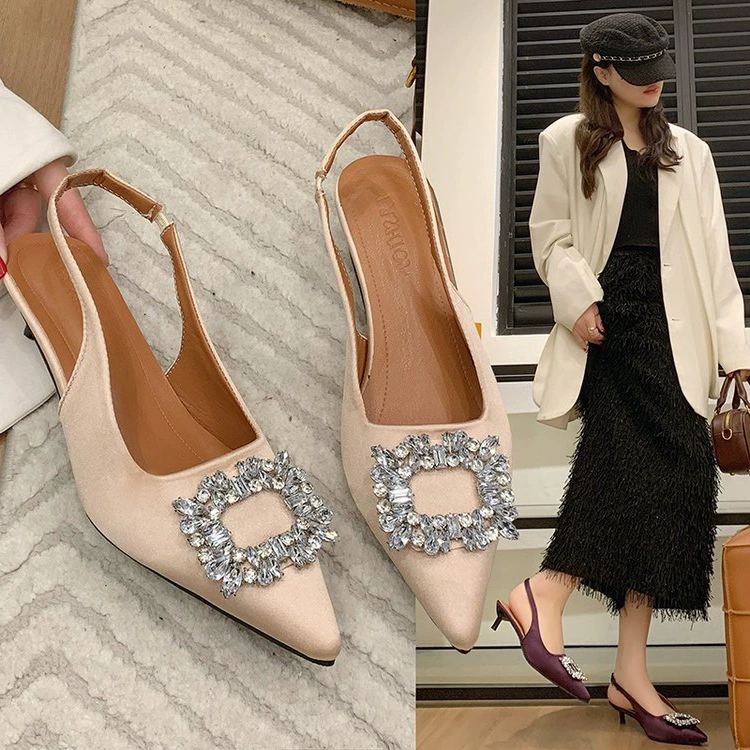 Баотоу сандалии женские 2025 новая весна лето дикие французские стразы квадратные пряжки темпераментные туфли на каблуках на высоком каблуке