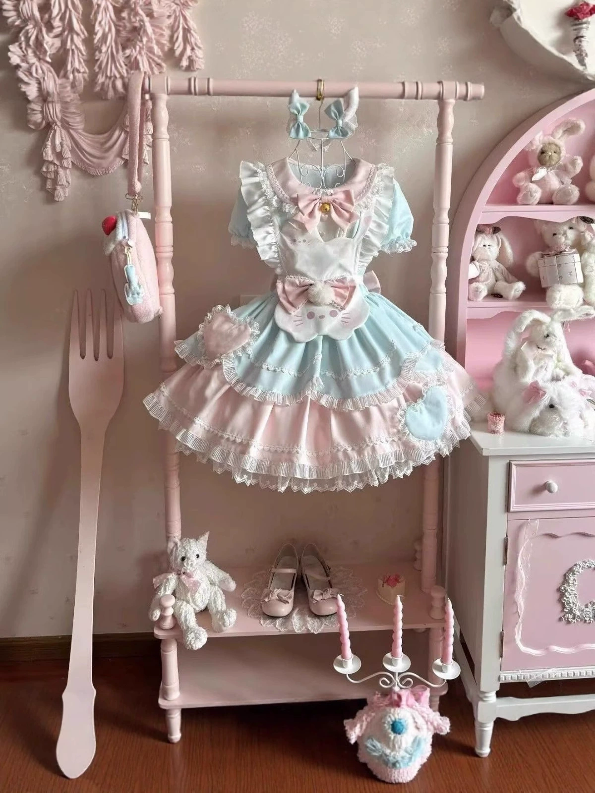 Платье lolita OP, милое свежее с короткими рукавами, пастельные рюши розово-голубое (женское)
