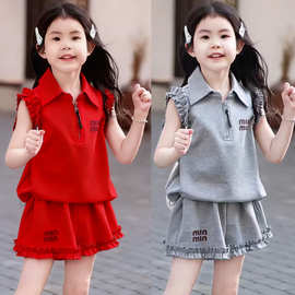 女童宝宝韩版运动套装中大童夏季新款洋气翻领无袖休闲短裤两件套