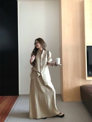 松驰慵懒感套装宽松polo领长袖衬衫女秋季高腰半身裙A字裙两件套