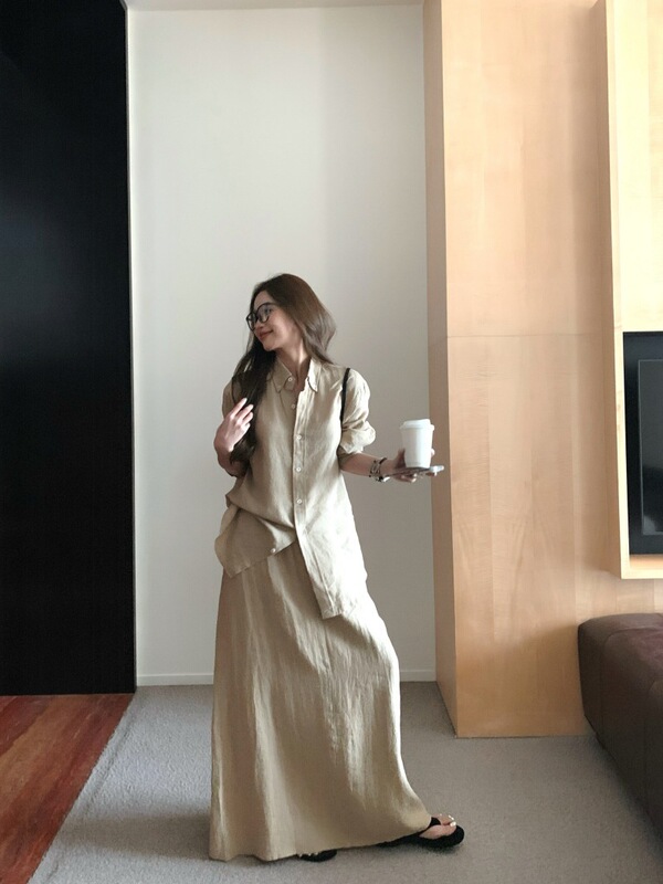 松驰慵懒感套装宽松polo领长袖衬衫女秋季高腰半身裙A字裙两件套|undefined