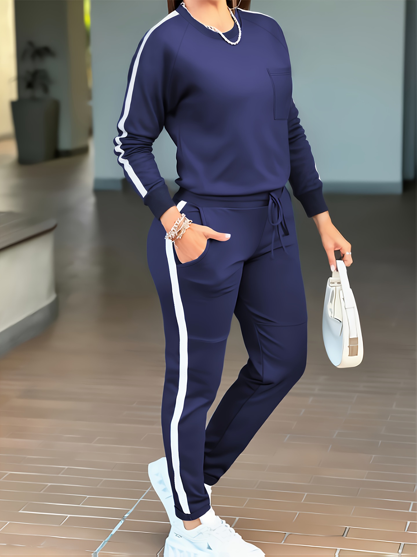 Women's Autumn Winter 2 Piece Set round Neck Long Sleeve T-Shirt High-Waisted Tapered Pants European American Style Casual Outfit_ecoleips.com