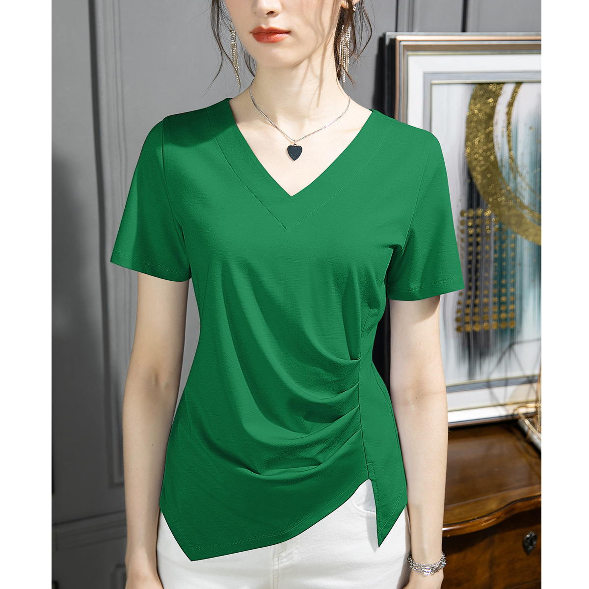 Camiseta de manga corta ropa de mujer 2025 nueva ropa de mujer con aberturas irregulares, top fino y elegante, camiseta de algodón, cabello de una pieza