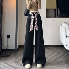 黑金色宽松阔腿牛仔裤女2025秋季新款超火丝带遮肉高腰大脚拖地裤