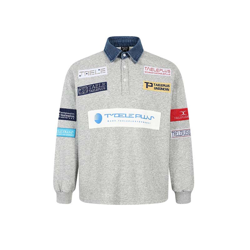 2026 Spring New High Street American Style Letter Embroidery Color-Blocking Denim Collar Rugby Long-Sleeve Polo Shirt for Men 2026 Spring New High Street American Style Letter Embroidery Color-Blocking Denim Collar Rugby Long-Sleeve Polo Shirt for Men