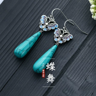 艾慕妮泰银耳饰珐琅彩烧蓝工艺镶仿长款绿松石花蝴蝶耳坠耳环艺术