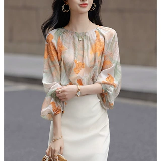 2025春新款印花钻石雪纺衬衫柒豪米六號铺大袖子藏肉衬衣女装上衣
