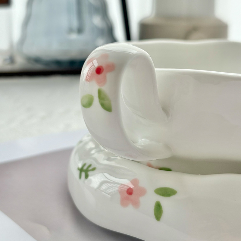 ins风手捏陶瓷咖啡杯碟 下午茶手绘碎花朵高颜值拉花拿铁水杯子|undefined