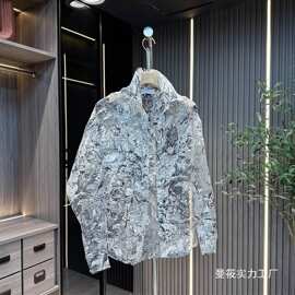 夏季网纱镂空衬衫气质轻薄透气防晒衫蕾丝男碎花宽松长袖翻领批发