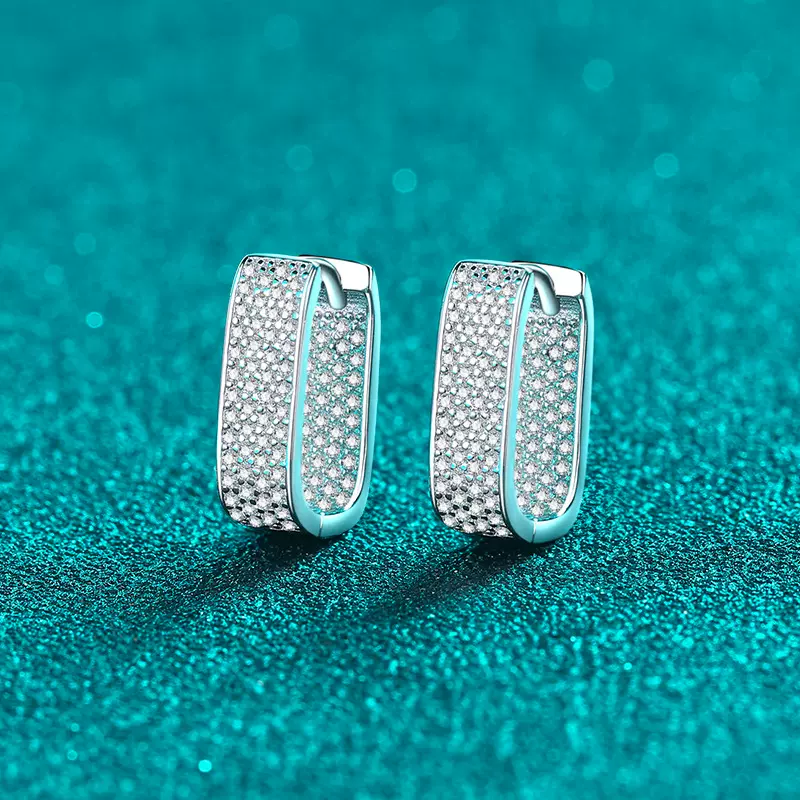 新德艺S925纯银全莫桑石耳钉女小方块耳扣华丽高级大气耳饰礼物