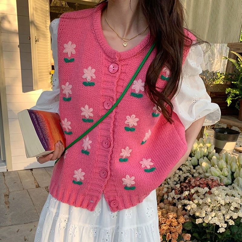 Милая фуксия knitted жилет цветочек, топ без рукава, кардиган без рукавов, короткий, в цветочек, корейский стиль