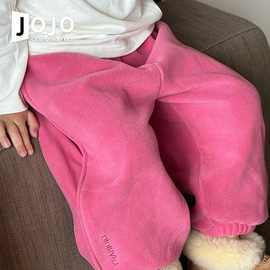 韩系童装女童玫红色裤子秋冬洋气儿童加绒刺绣卫裤宝宝休闲束脚裤