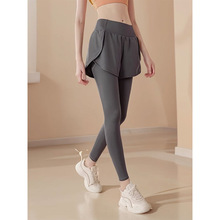 春款加绒假两件瑜伽裤女高腰提臀速干跑步裤弹力紧身运动健身裤