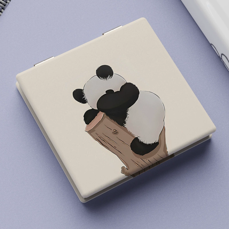 Folding Handheld Mirror, PU Leather Compact, Cute Bear & Panda Prints, Portable 0.075 kg