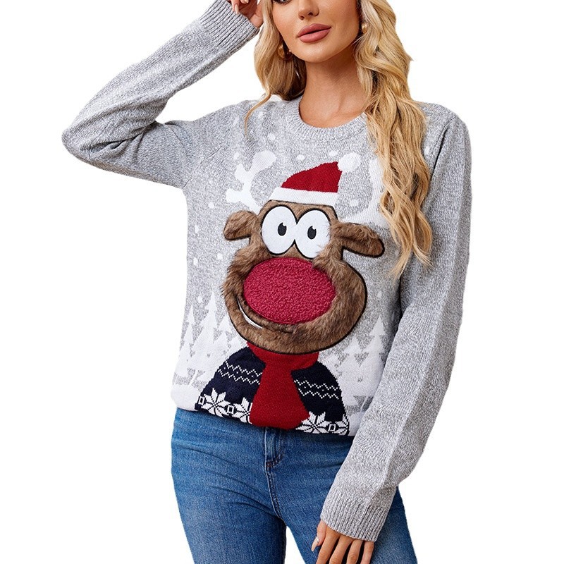 Vêtements pour femmes, pull ample et décontracté, vêtements parent-enfant, pull tricoté, automne et hiver, lumières colorées, pull gris, pull de Noël_voghion.com