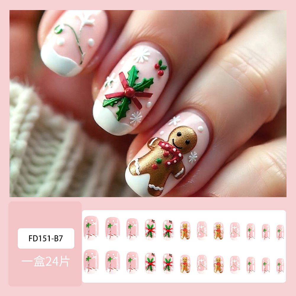 Nuevos productos transfronterizos Navidad en relieve de uñas, pan de jengibre, hombre de hoja de hiverno, estilo francés, 24 piezas de parches de uñas terminados.