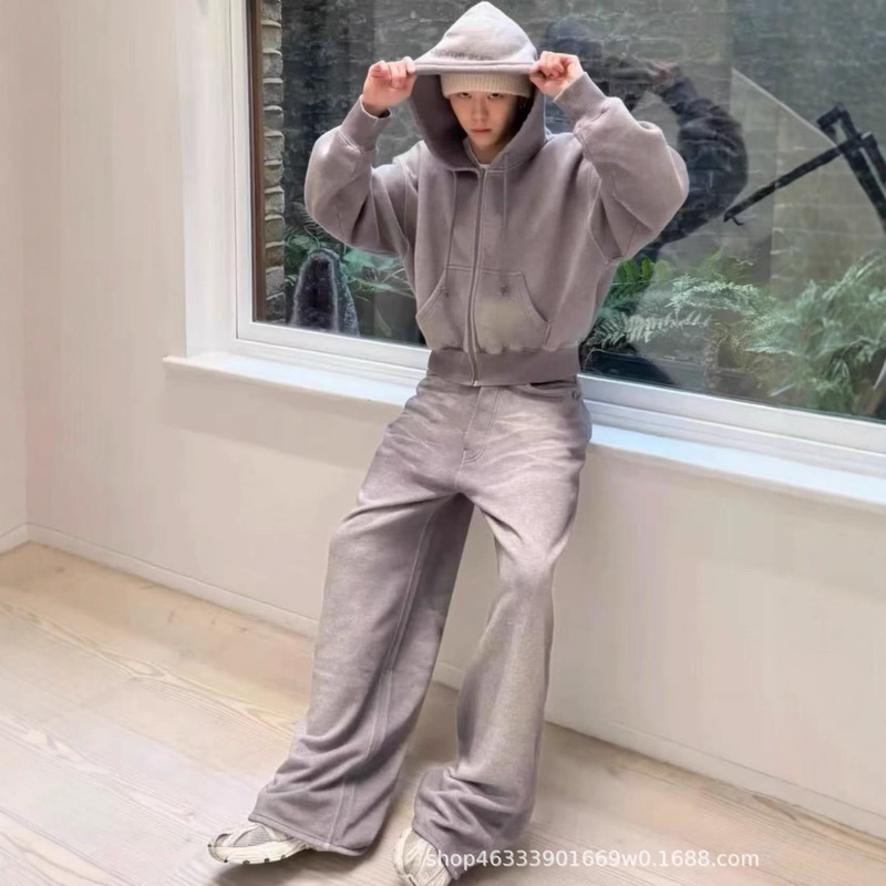 Original Ac 25Ss Gray 3D Printed Imitation Distressed Washed Denim Terry Sweatpants Casual Pants Wide Leg Men and Women Trendy